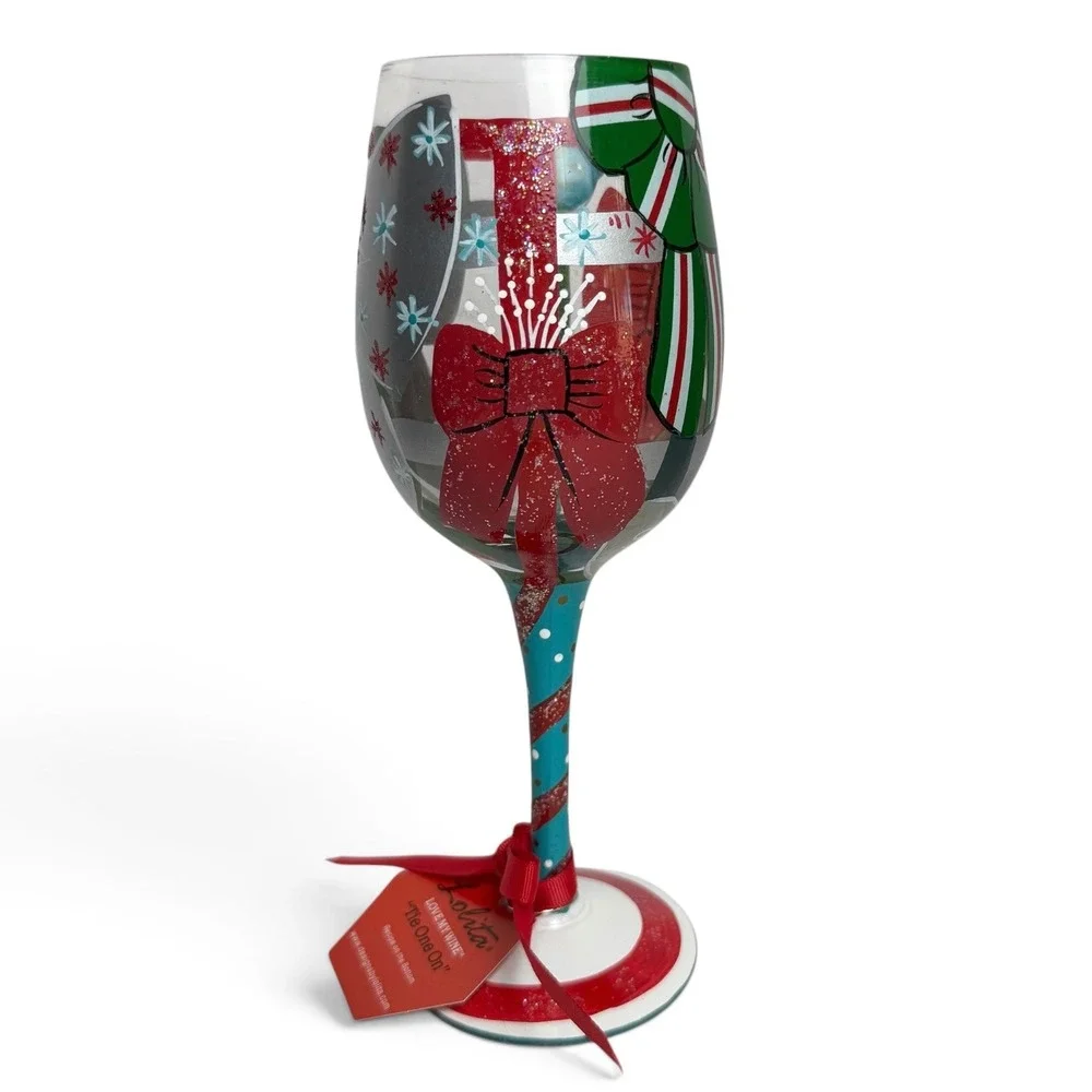 Lolita Tie One On Christmas Bow Hand Painted Wine Glass 15oz Boxed